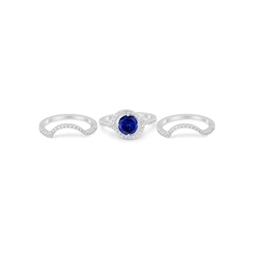 Three Piece Ring Band Round Simulated Blue Sapphire CZ 925 Sterling Silver